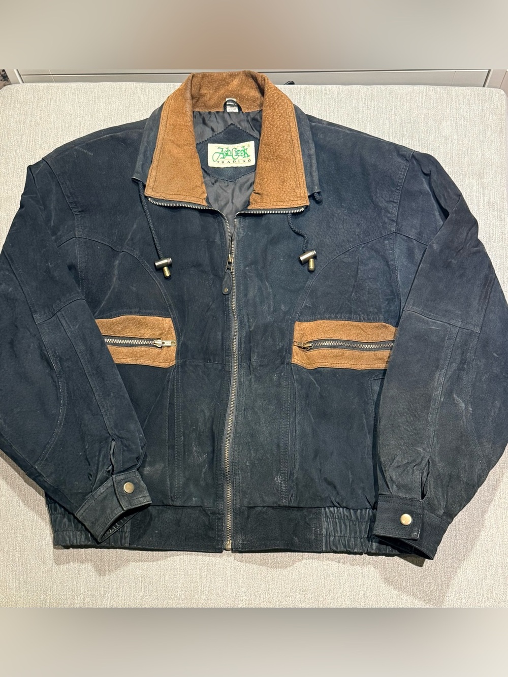Ash Creek Men's Black Suede Bomber Jacket with Brown Contrast Trim